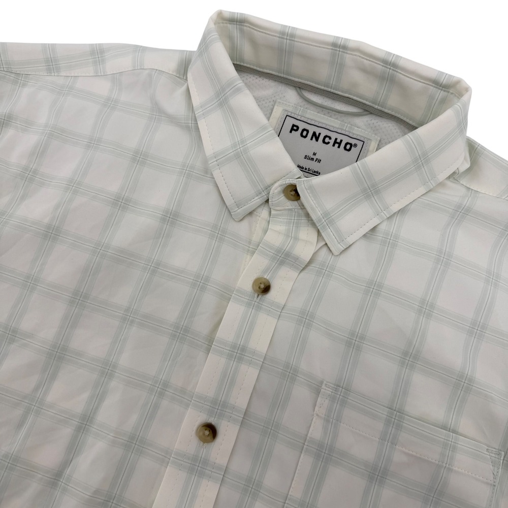 Poncho Button Down Shirt Mens M White Green Plaid Slim Short Sleeve Mesh Lined